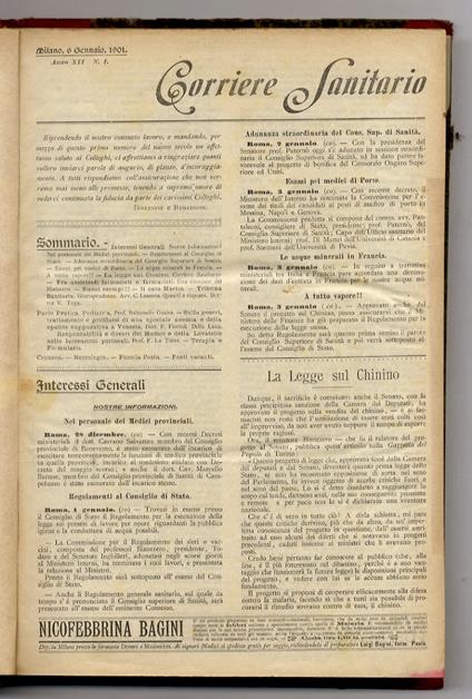 CORRIERE Sanitario. Organo ufficiale dell'Associazione Nazionale della Stampa Sanitaria. Anno XII. 1901. Dal fascicolo n. 1 del 6 gennaio 1901 al fascicolo n. 51-52 del 22-29 dicembre 1901. [Annata completa] - copertina