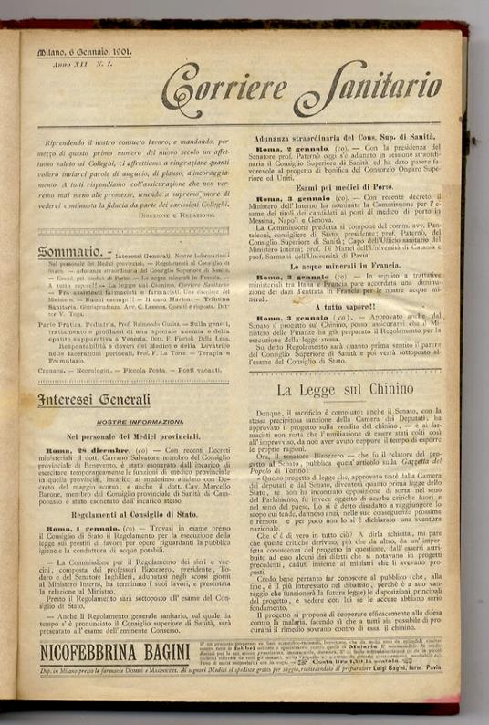 CORRIERE Sanitario. Organo ufficiale dell'Associazione Nazionale della Stampa Sanitaria. Anno XII. 1901. Dal fascicolo n. 1 del 6 gennaio 1901 al fascicolo n. 51-52 del 22-29 dicembre 1901. [Annata completa] - copertina