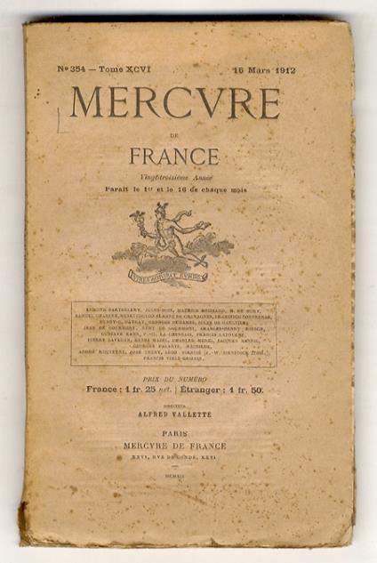 Mercure de France. N. 354. Tome XCVI. 16 Mars 1912 - copertina