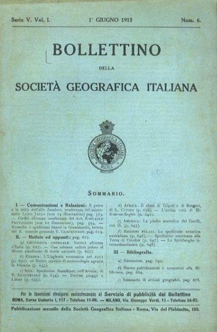Bollettino della Società Geografica Italiana. Serie V, vol. I. Num. 6. 1 giugno 1912 - copertina