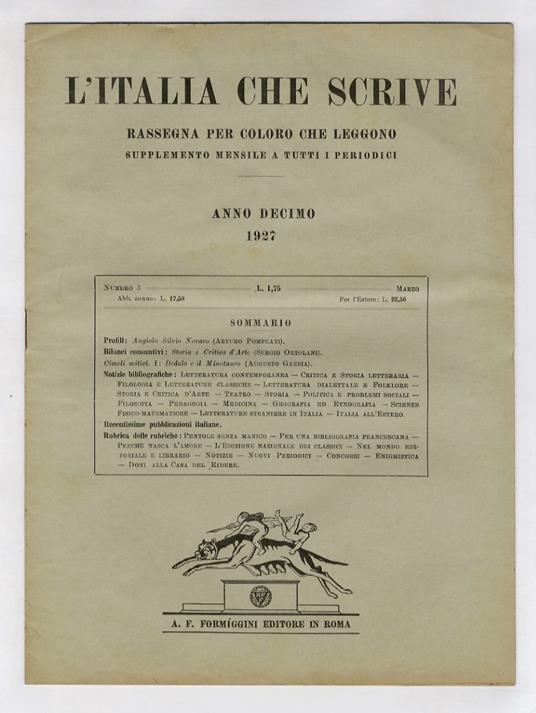ITALIA (L') che scrive. Anno decimo. 1927. Dal n. 1 al n. 7 dal n. 9 al n. 12. [Manca il n. 8] - copertina