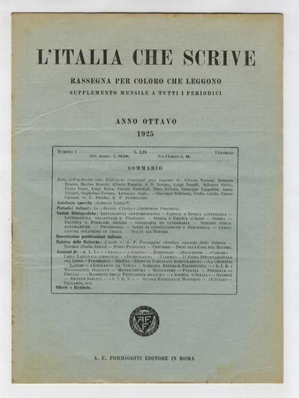 ITALIA (L') che scrive. Anno Ottavo. 1925. Dal n. 1, 2 dal n. 5 al n. 12. [Mancano i nn. 3 e 4] - copertina