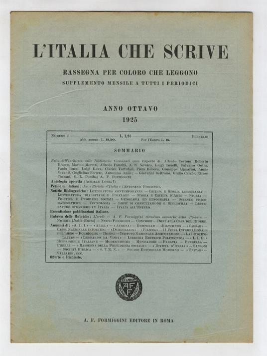 ITALIA (L') che scrive. Anno Ottavo. 1925. Dal n. 1, 2 dal n. 5 al n. 12. [Mancano i nn. 3 e 4] - copertina