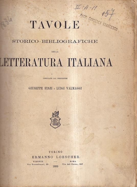 Tavole Storico-Bibliografiche Della Letteratura Italiana - Giuseppe Finzi - copertina