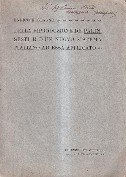 Della Riproduzione de' Palinsesti e d'un Nuovo Sistema Italiano ad essa Applicato - Enrico Rostagno - copertina