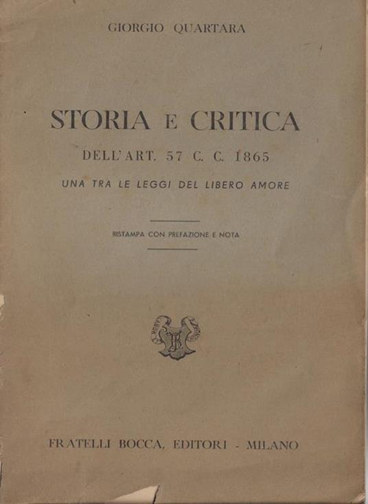 Storia e critica dell'art. 57 c.c. 1865 - Giorgio Quartara - copertina