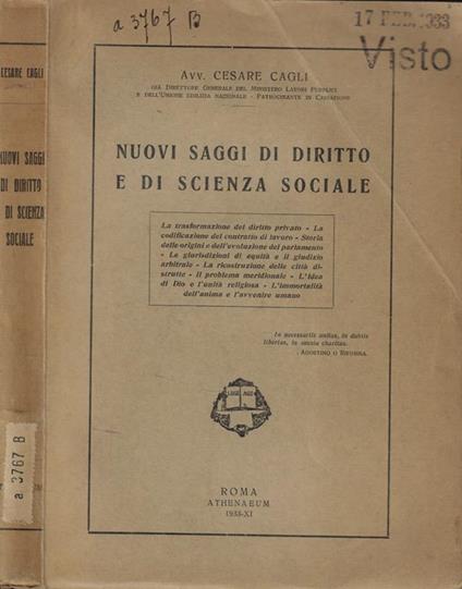 Nuovi saggi di diritto e di scienza sociale - Cesare Cagli - copertina