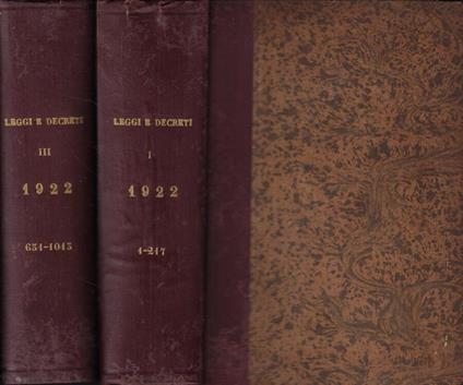 Raccolta Ufficiale delle Leggi e dei Decreti del Regno d'Italia Anno 1922 Vol. I-III - copertina