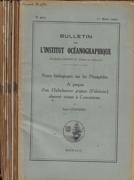 Bulletin de L'Institut Océanographique Anno 1947 dal n. 907 al n. 921 - copertina