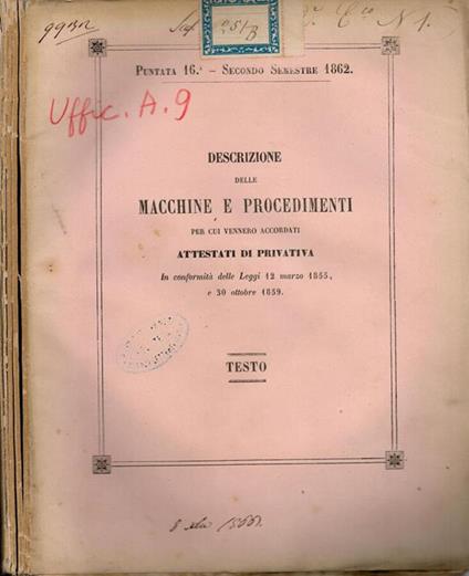 Descrizione delle Macchine e Procedimenti per cui vennero accordati attestati di privativa - copertina