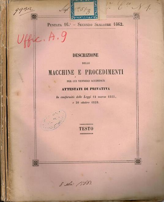 Descrizione delle Macchine e Procedimenti per cui vennero accordati attestati di privativa - copertina