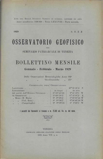 Osservatorio Geofisico del Seminario Patriarcale di Venezia bollettino mensile gennaio, febbraio, marzo 1929 - copertina