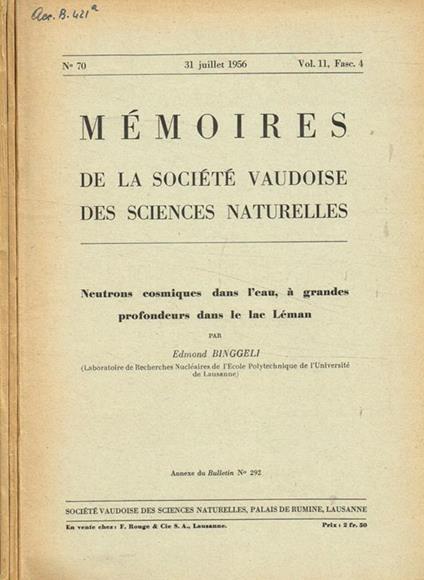 Memoires de la societé vaudoise des sciences naturelles. Vol.11, fasc.4, 5, 6, anno 1956 - copertina