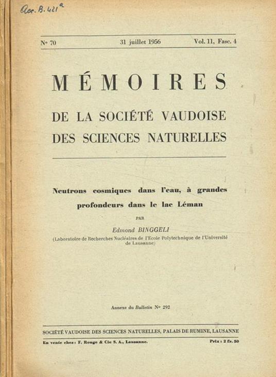 Memoires de la societé vaudoise des sciences naturelles. Vol.11, fasc.4, 5, 6, anno 1956 - copertina