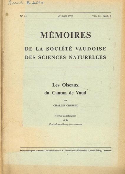 Memoires de la societé vaudoise des sciences naturelles. Vol.15, fasc.4, 5, anno 1974 - copertina