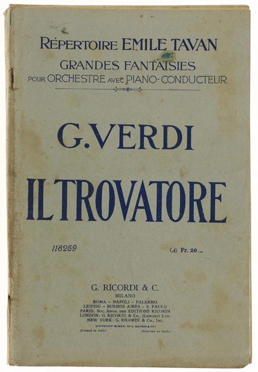 Il Trovatore. Répertoire Emile Tavan - Grandes Fantasies Pour Orchestre Avec Piano-Conducteur - Giuseppe Verdi - copertina