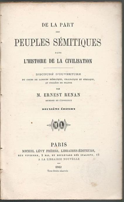 De la part des peuples sémitiques dans l'histoire de la civilisation - Ernest Renan - copertina