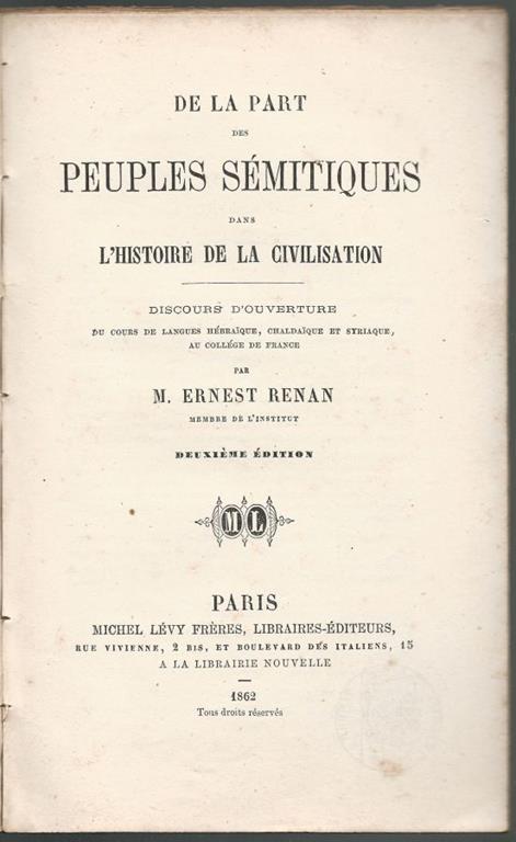 De la part des peuples sémitiques dans l'histoire de la civilisation - Ernest Renan - copertina
