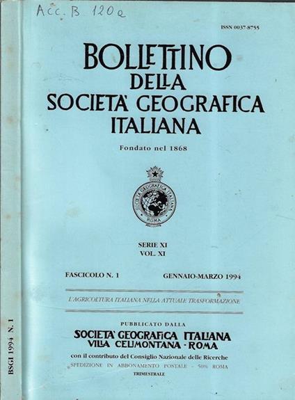 Bollettino della Società Geografica Italiana serie XI Vol. XI Fascicolo N. 1 1994 - copertina
