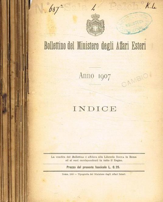 Bollettino del ministero degli affari esteri anno 1907, fasc.343-357 - copertina