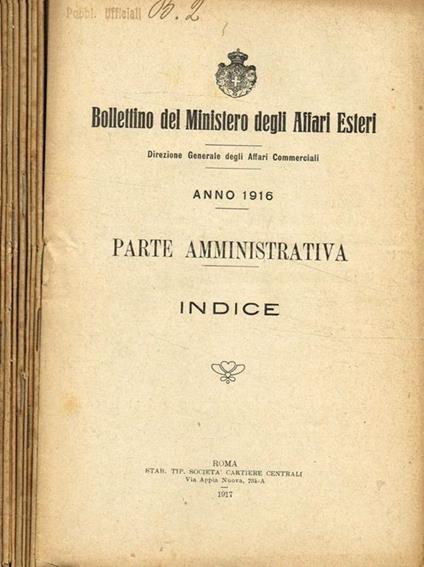 Bollettino del ministero degli affari esteri. Fasc.462/471, anno 1916 - copertina