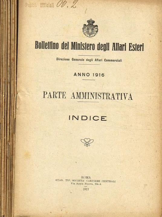Bollettino del ministero degli affari esteri. Fasc.462/471, anno 1916 - copertina