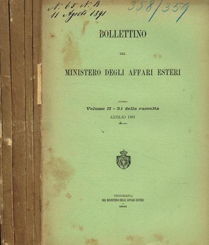 Bollettino del ministero degli affari esteri. Vol.II, luglio-dicembre 1891 - copertina