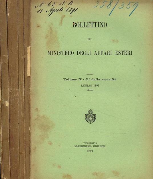 Bollettino del ministero degli affari esteri. Vol.II, luglio-dicembre 1891 - copertina