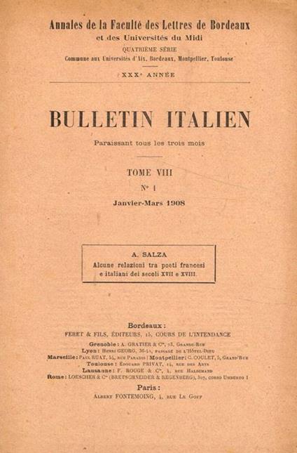 Bullettin italien paraissant tous les trois mois. Tome VIII, n.1, janvier-mars 1908 - copertina