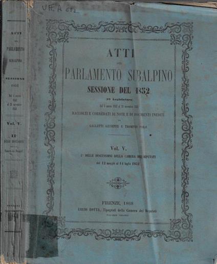 Atti del Parlamento Subalpino sessione del 1852 - copertina