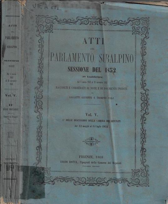 Atti del Parlamento Subalpino sessione del 1852 - copertina