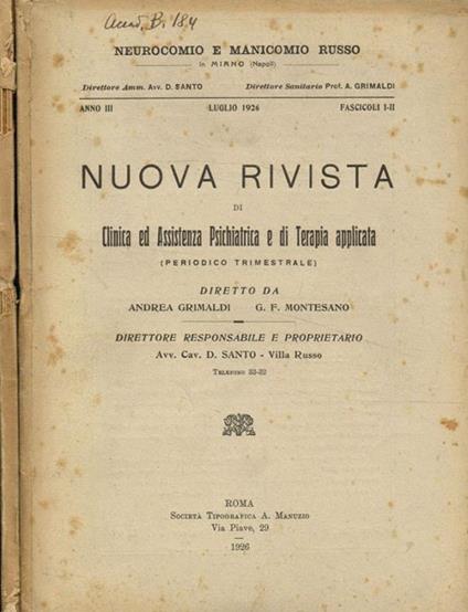 Nuova rivista di clinica ed assistenza psichiatrica e di terapia applicata. Anno III, fasc I/II, III/IV, 1926 - copertina