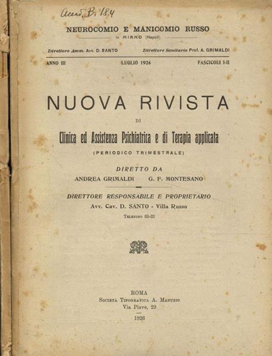 Nuova rivista di clinica ed assistenza psichiatrica e di terapia applicata. Anno III, fasc I/II, III/IV, 1926 - copertina