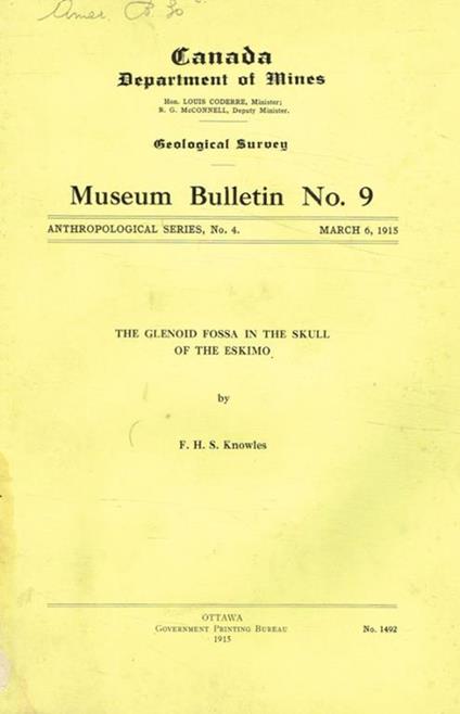 Canada department of mines. The glenoid fossa in the skull of the eskimo - copertina