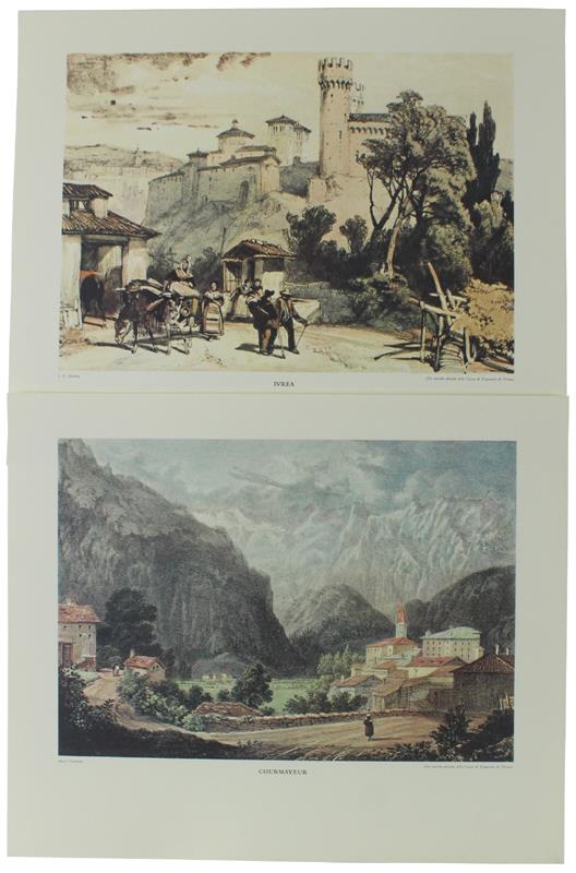 IVREA e VALLE D'AOSTA: 4 STAMPE A COLORI dal calendario 1968 della Cassa di Risparmio: "Antiche stampe piemontesi"