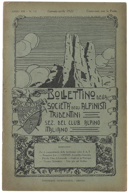 BOLLETTINO DELLA SOCIETA' DEGLI ALPINISTI TRIDENTINI. Anno XIII - N.1-2, Gennaio-aprile 1922 - copertina
