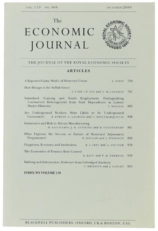The ECONOMIC JOURNAL - Vol. 110 No. 466 - October 2000 - copertina