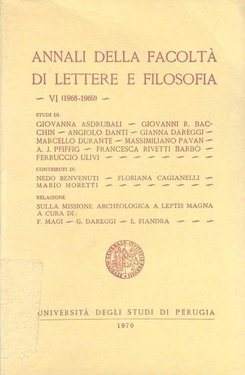 Annali della Facoltà di Lettere e Filosofia. VI (1968-1969) - copertina