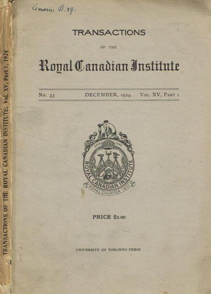 Transactions of the royal canadian institute. N.33, december 1924, vol XV, part I - copertina