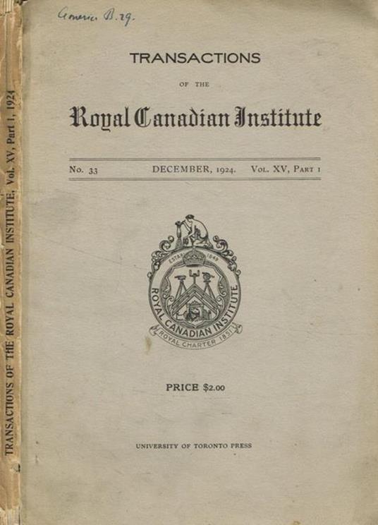 Transactions of the royal canadian institute. N.33, december 1924, vol XV, part I - copertina