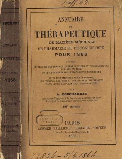 Annuaire de therapeutique de matiere medicale de pharmacie et de toxicologie pour 1866 A.Bouchardat - copertina