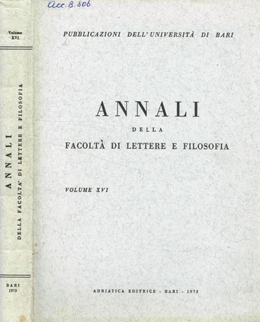 Annali della facoltà di lettere e filosofia Vol. XVI-1973 - copertina