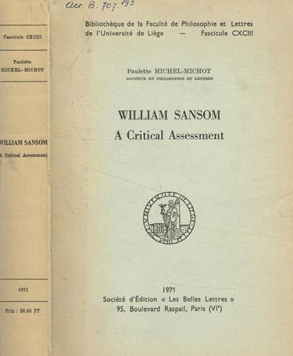William Sansom. A critical assessment Paulette Michel-Michot - copertina
