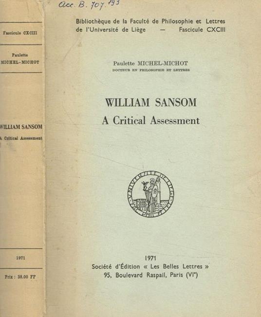 William Sansom. A critical assessment Paulette Michel-Michot - copertina