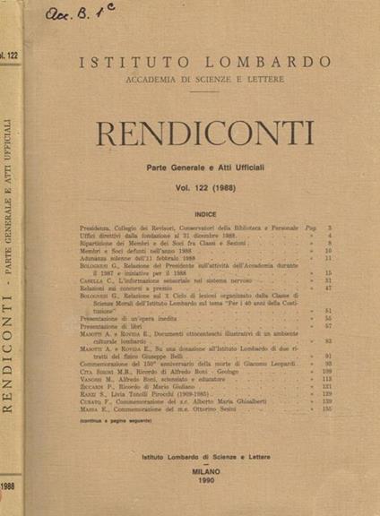 Istituto lombardo accademia di scienze e lettere. Rendiconti. Parte generale e atti ufficiali. Vol.122 (1988) - copertina