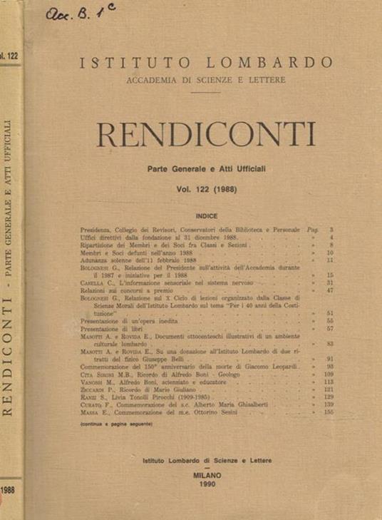 Istituto lombardo accademia di scienze e lettere. Rendiconti. Parte generale e atti ufficiali. Vol.122 (1988) - copertina