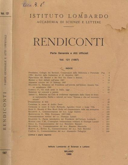 Istituto lombardo. Accademia di scienze e lettere. Rendiconti. Parte generale e atti ufficiali. Vol.121 (1987) - copertina