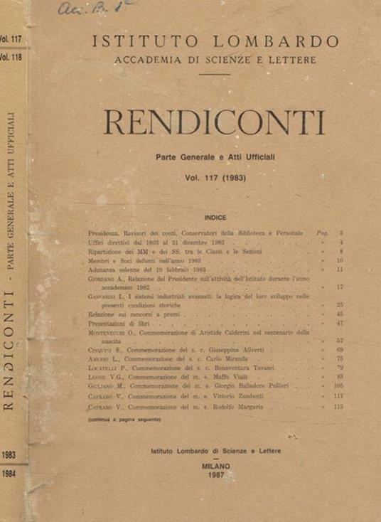 Istituto lombardo. Accademia di scienze e lettere. Rendiconti. Parte generale e atti ufficiali. Vol. 117 (1983). Vol.118 (1984) - copertina