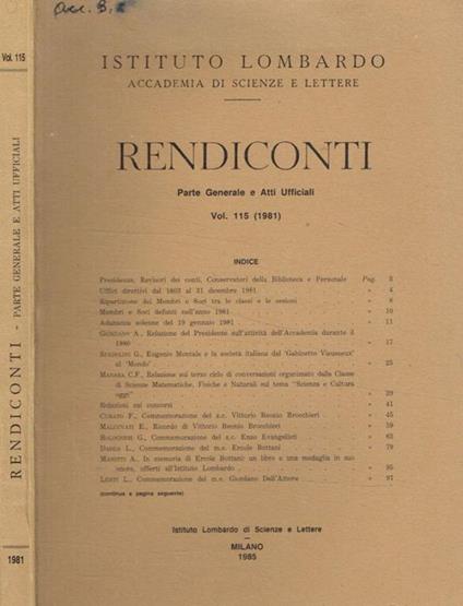 Istituto lombardo, accademia di scienze e lettere. Rendiconti. Parte generale e atti ufficiali. Vol.115 (1981) - copertina