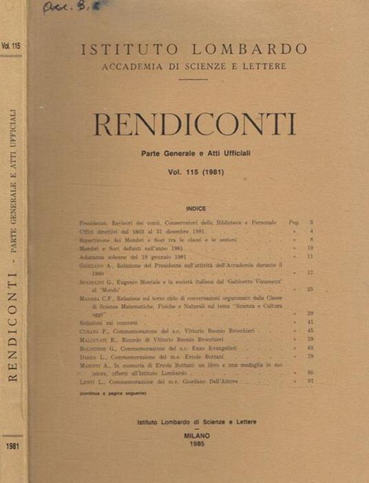 Istituto lombardo, accademia di scienze e lettere. Rendiconti. Parte generale e atti ufficiali. Vol.115 (1981) - copertina